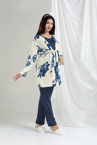 LOHOUSE Women's Tuba Navy Blue Patterned Woven Cotton Maternity Maternity Pajama Set with Dress