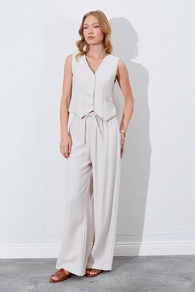 MODAMOR Beige Linen Textured Buttoned Vest Trousers Double Suit