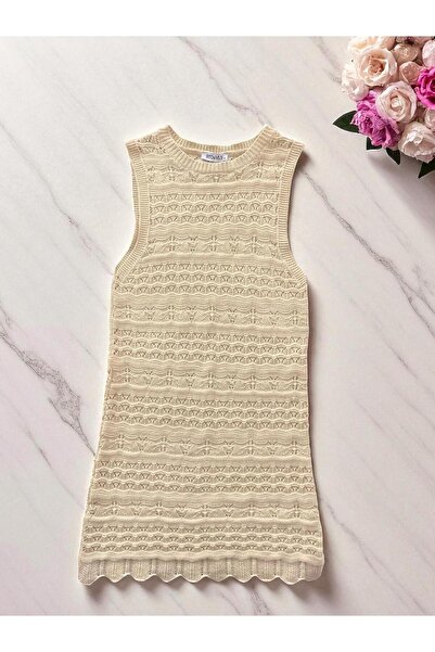 RTD&VLD Kadın Vita-194 Bisiklet Yaka Ajurlu Triko Elbise Sarı