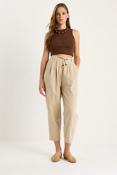 Bianco Lucci Women's Elastic Waist Tie Detailed Linen Carrot Trousers 3413 60283460