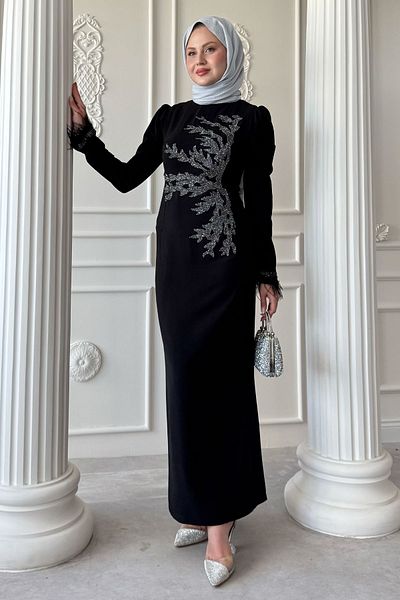 InStyle Βραδινό φόρεμα με πέτρινο γιακά με γούνινο μανίκι