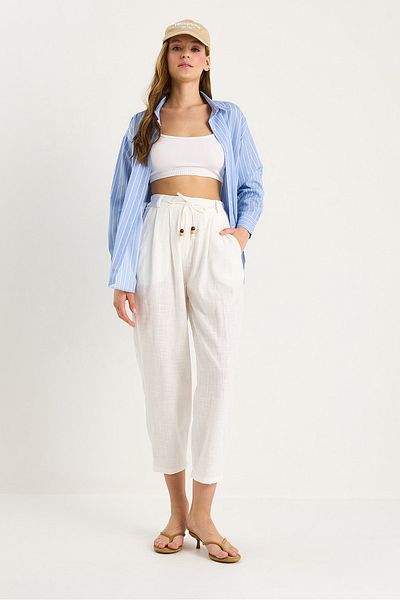 Bianco Lucci Women's Elastic Waist Tie Detailed Linen Carrot Trousers 3413 60283460