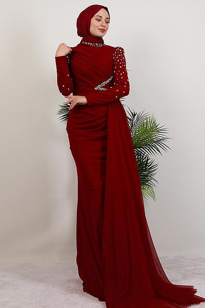 GİYZAMİLA Gülşen Hijab βραδινό φόρεμα Claret Red