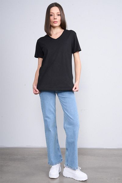 FİTHİT Çetinkaya Fithit 3265 V-Neck Basic T-Shirt Çağla Black