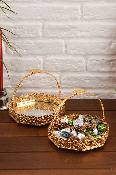 HELVACIOĞLU AKSESUAR 2 Pieces Top Handle Mirrored Sugar Bowl, Chocolate Bowl, Turkish Delight Bowl, Cookie Bowl 15 cm