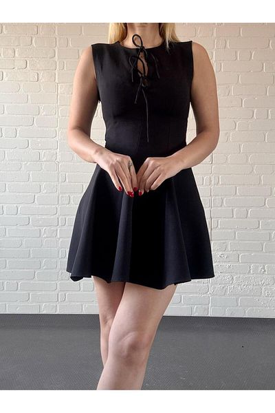 By Sümeyra Gültekin Black Front Tie Detailed Mini Flared Dress