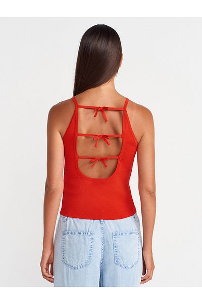 Dilvin 10772 Knitwear Blouse with Strap Bow Detail-Red