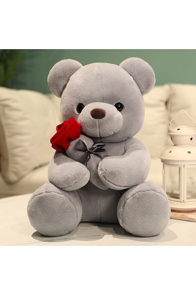 Choice 23cm GRAY Kawaii Teddy Bear with Roses Plush Toy Soft Bear Stuffed Doll Romantic Gift for Lover Home
