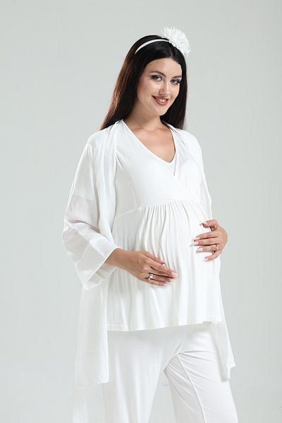 LOHOUSE Women's Tuba Ecru Double Breasted Muslim Fabric Maternity Maternity Pajama Set with Dress 3 Piece Pajama Set
