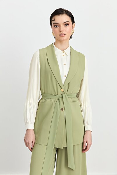 Nihan Kuşaklı Şal Yaka Yelek Yeşil