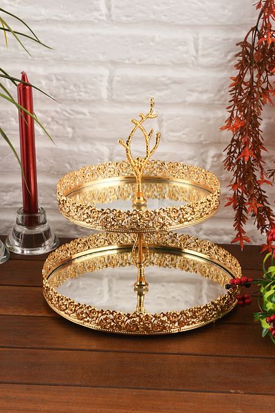 HELVACIOĞLU AKSESUAR 2 Tier Mirrored Cake, Dessert, Cookie Stand Presentation Stand 20-25 cm