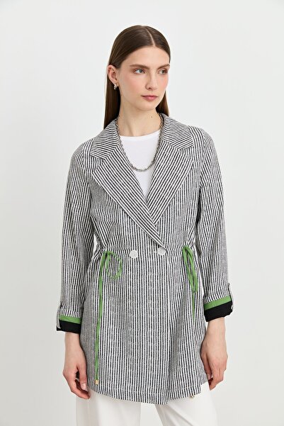 Nihan Kumaş Mixli Kruvaze Keten Ceket Siyah