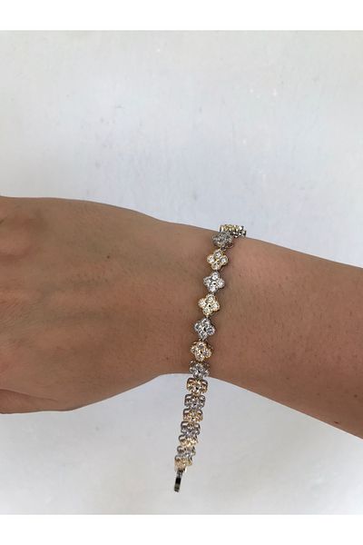 shop Shiny Bright Mini Flower Patterned Gold and Silver Detail Stone Bracelet
