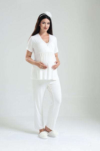 LOHOUSE Women's Tuba Ecru Double Breasted Muslim Fabric Maternity Maternity Pajama Set with Dress 3 Piece Pajama Set