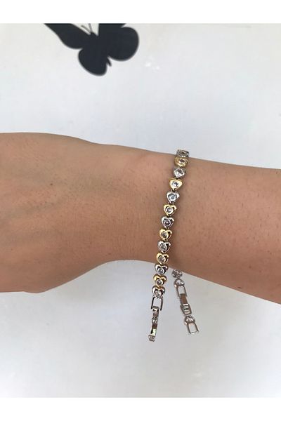 shop Mini Heart Patterned Brilliant Shiny Gold Detail Stone Silver Color Bracelet