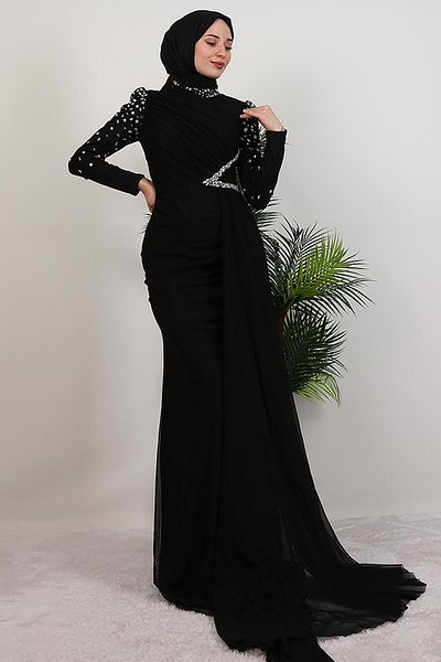 GİYZAMİLA Gülşen Hijab βραδινό φόρεμα μαύρο