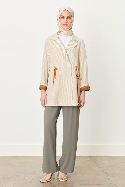 Nihan Kumaş Mixli Kruvaze Keten Ceket Bej