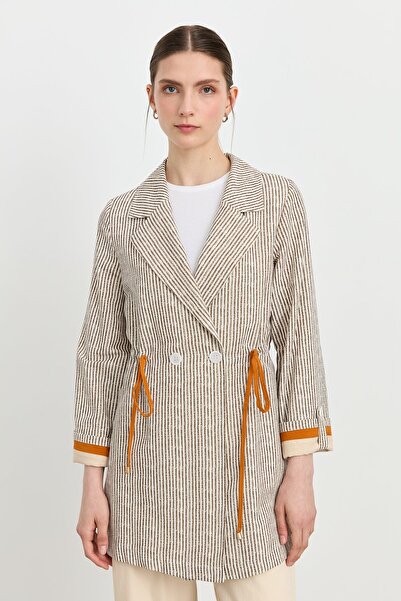 Nihan Kumaş Mixli Kruvaze Keten Ceket Kahve