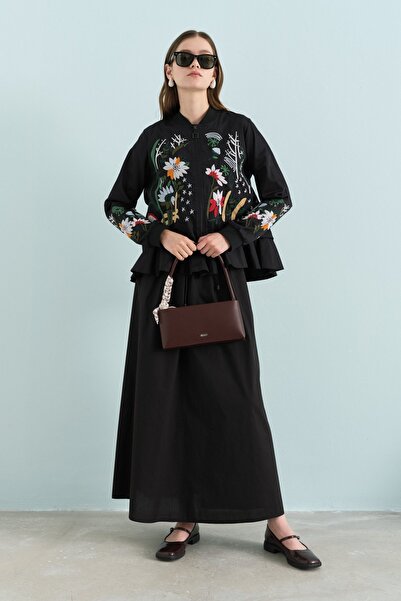 Nihan Nakış İşlemeli Fermuarlı Pamuk Ceket Siyah