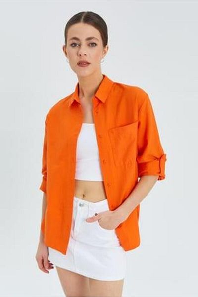 Mixray 9942 Women's Oxford Long Sleeve Basic Shirt Orange