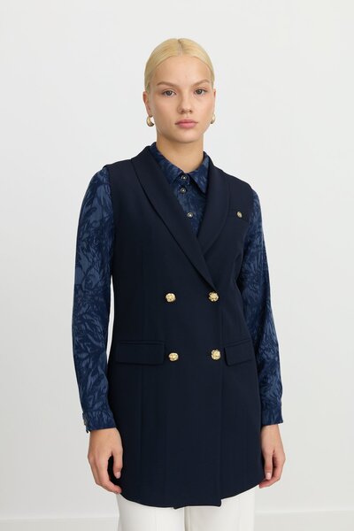 Nihan Şal Yaka Kruvaze Yelek Lacivert