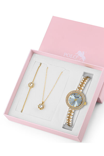 Polo Air İnci Taşlı Görünümlü Kol Saati Zirkon Taşlı Yuvarlak Kolye Bileklik Set Gold Mavi Renk ST-2167S7