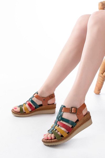 Aymood 731-204 Multi Genuine Leather Wedge Heeled Daily Women's Sandals