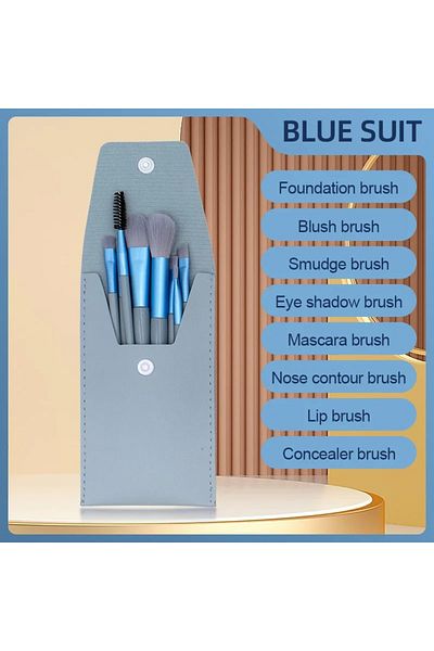 gaman Blue 8 Piece Makeup Brush Set with Leather Case - Practical Portable Travel Size
