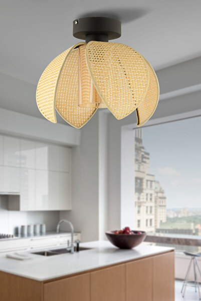 NisaLuce Nisa Luce Lusora Metal Plafonyer avize-4 KANATLI-CAMLI-Hasır Krem