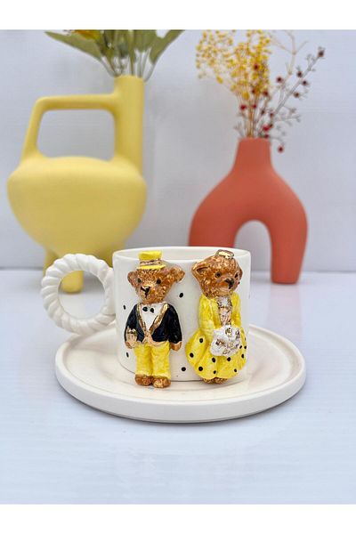 AYLEFE HOBBY Handmade Ceramic Mug with Yellow Teddy Bear and 24K Gold Detail 180ml