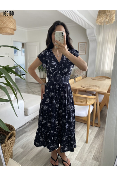 Modayakamoz Kadın Yazlık Elbise Maxi Boy Beli Lastikli Kruvaze Yaka Kısa Koll...