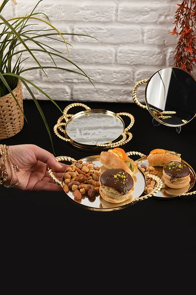 HELVACIOĞLU AKSESUAR 6 Pieces Mirrored Handled Coffee, Cake, Cake, Baklava, Cookies, Tea Presentation Tray 15 cm