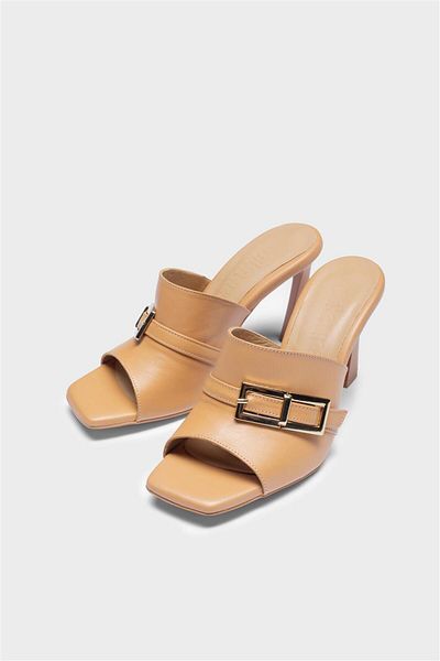 Milaura Women's Taba Khaki Leather Heelled Slippers 20491