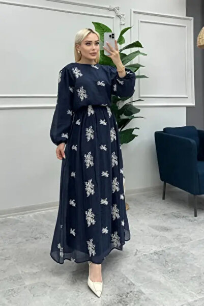 Butik CAMELYA - ALT ÜST TAKIM - ASTARLI - LACİVERT RENK - TÜL KUMAŞ - ÇİÇEK N...