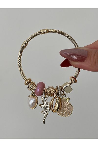 JELLY Women's Gold Color Seashell Charm Detailed Pink Beaded Fairy Figured Charm Bracelet