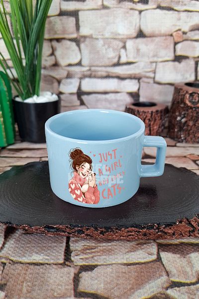 giftkonsept Just a Girl Who Loves Cats Themed Cat Lover Girl Square Cup with Handle Blue Mug Cup