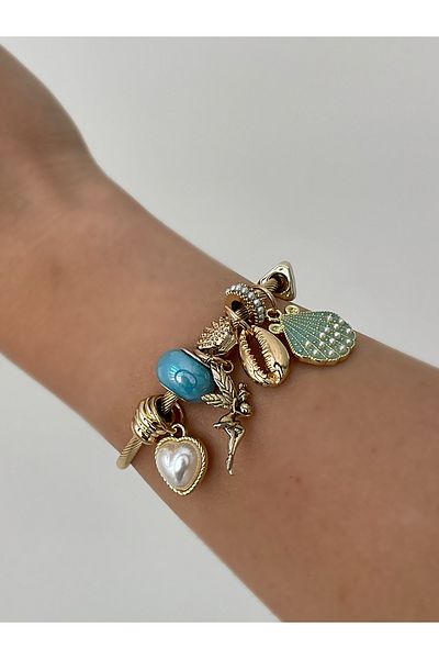 JELLY Women's Gold Color Seashell Charm Detailed Turquoise Beaded Fairy Figured Charm Bracelet