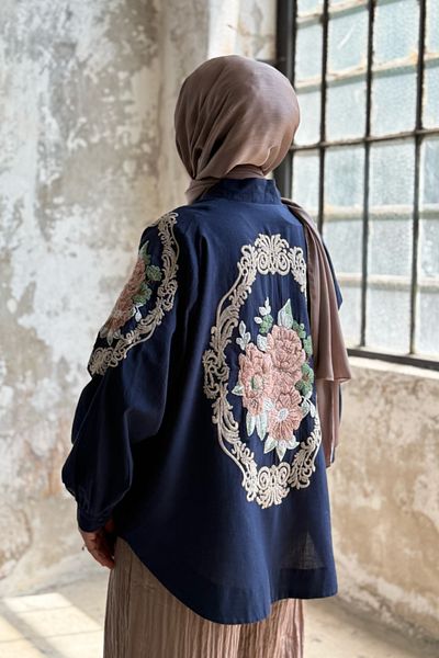 Hatun Atila Oversize Linen Jacket with Flower Embroidery Detail 8823 - Navy Blue