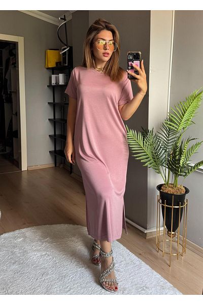 Qenz Slit Casual Modal Φόρεμα - Πούδρα