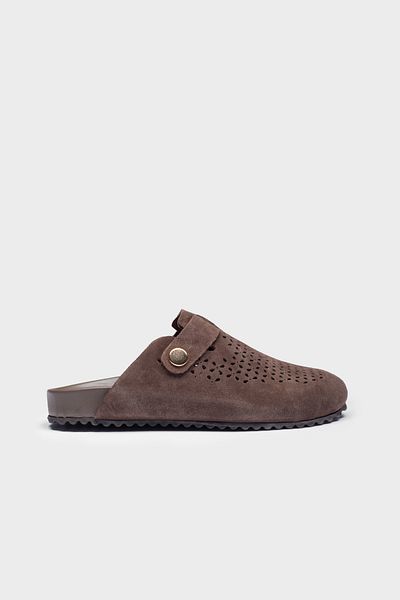 Milaura Women's Brown Suede Perforated Khaki Leather Slippers 20490