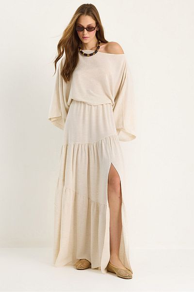 Bianco Lucci Women's Off-Shoulder Crop Blouse with Slit Detail Slim Linen Bottom-Top Set Dt251026 60283461