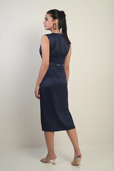 By Saygı Women's Double Breasted Collar Front Pleated Crepe Satin Dress with Belt