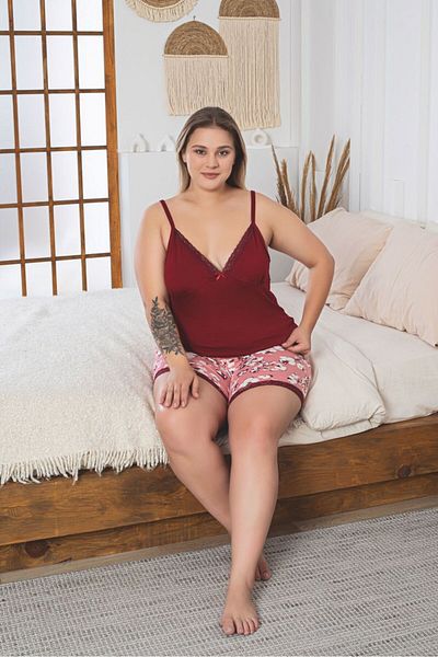 Asel Large Size Lycra Combed Cotton Fabric Pajama Set with Suspender Shorts