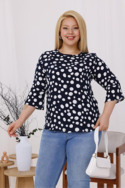Siyezen Plus Size Flared Sleeves Polka Dot Blouse