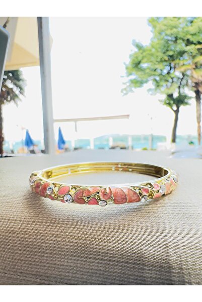 ASD TAKI أصفاد نسائية من النحاس المينا باللون الوردي على شكل زهرة من حجر الزر...