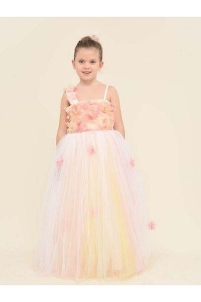 Zekids Girl's Flower Embroidered Shoulder Detailed Colorful Design Evening Dress