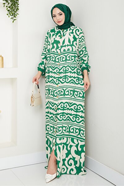 Bestenur Caned Buttoned Woven Viscose Dress 1560 - Green