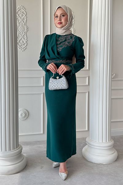 InStyle Βραδινό φόρεμα με πέτρινο γιακά με πουπουλένιο μανίκι σμαραγδί πράσινο
