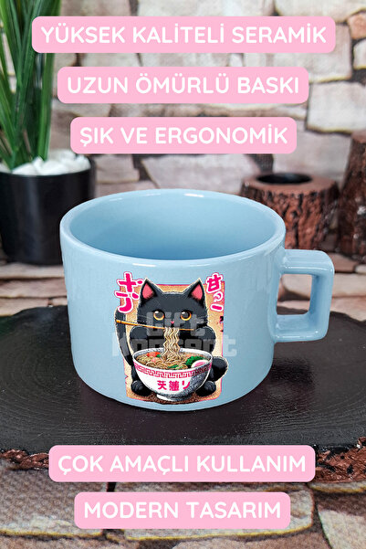 giftkonsept Ramen Kedi Noodle 4 Baskılı Japon Yiyecek Anime Kedi Kare Kulplu Fincan Mavi Kupa Bardak