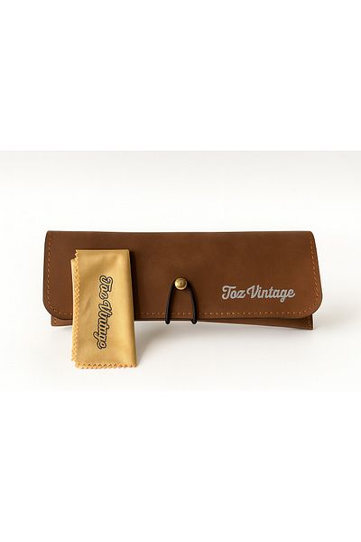 Toz Vintage Brown Leather Glasses Case and Glasses Cloth with Gold Accessories and Drawstring